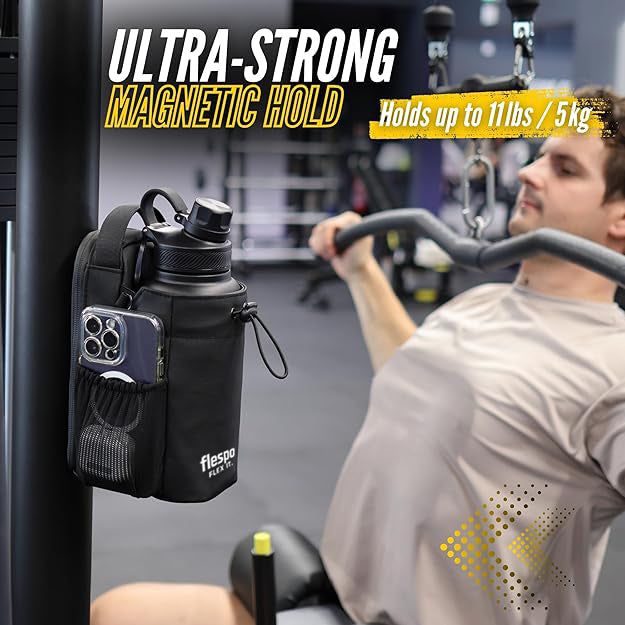 Black - Magnetic Gym Bag with water bottle holder, Crossbody sling, pockets for phone, towel, key