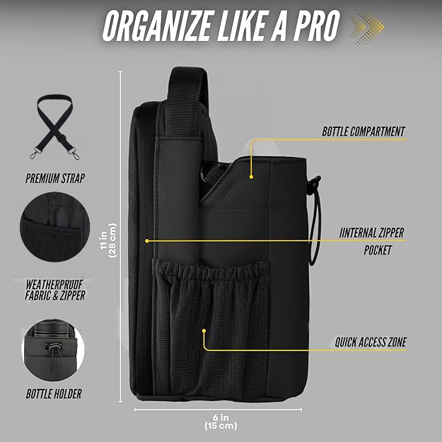 Black - Magnetic Gym Bag with water bottle holder, Crossbody sling, pockets for phone, towel, key